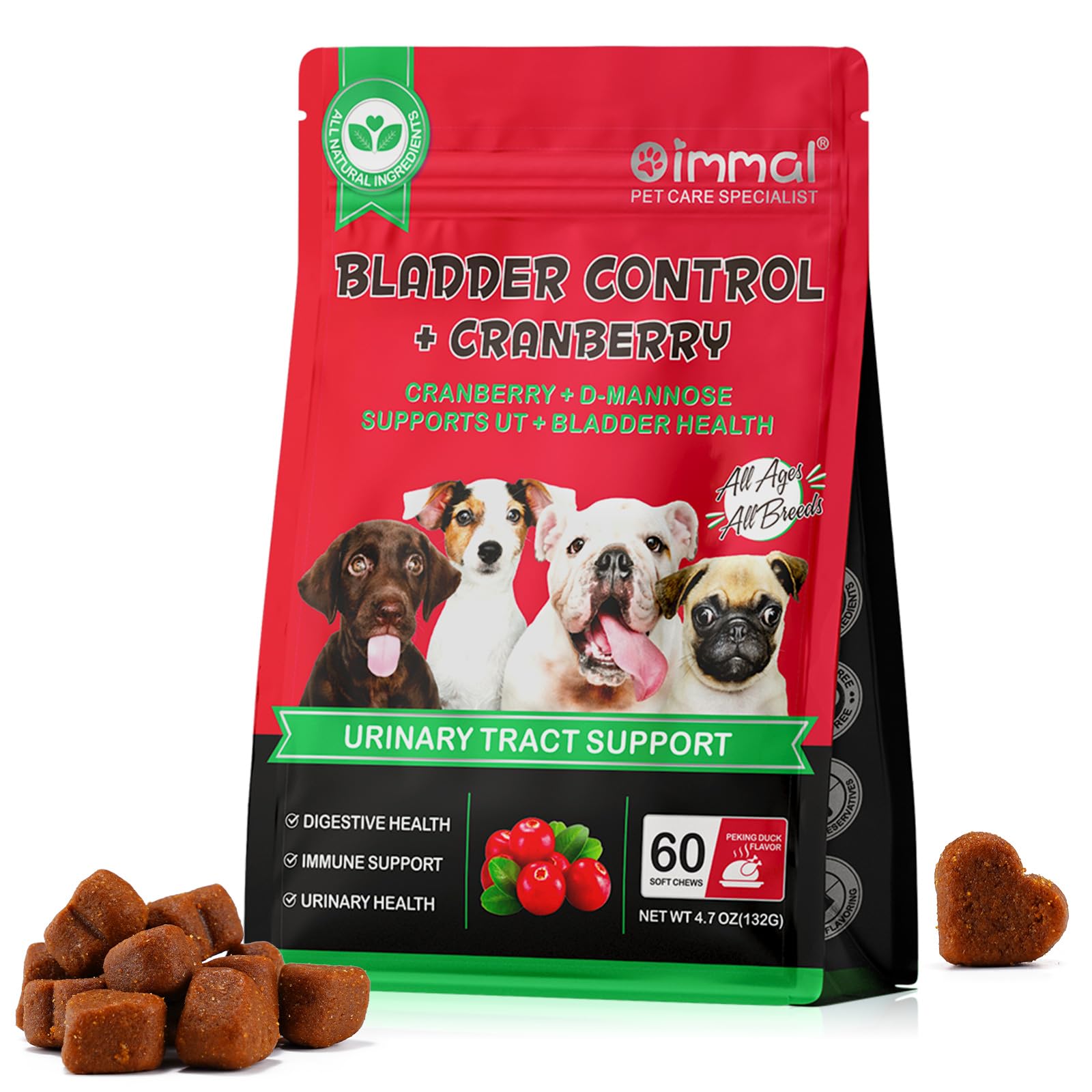 Supporto per vescica e reni per cani, integratore per il trattamento delle vie urinarie e il controllo della vescica, prodotti da masticare morbidi con mirtillo rosso e D-mannosio -60 pezzi