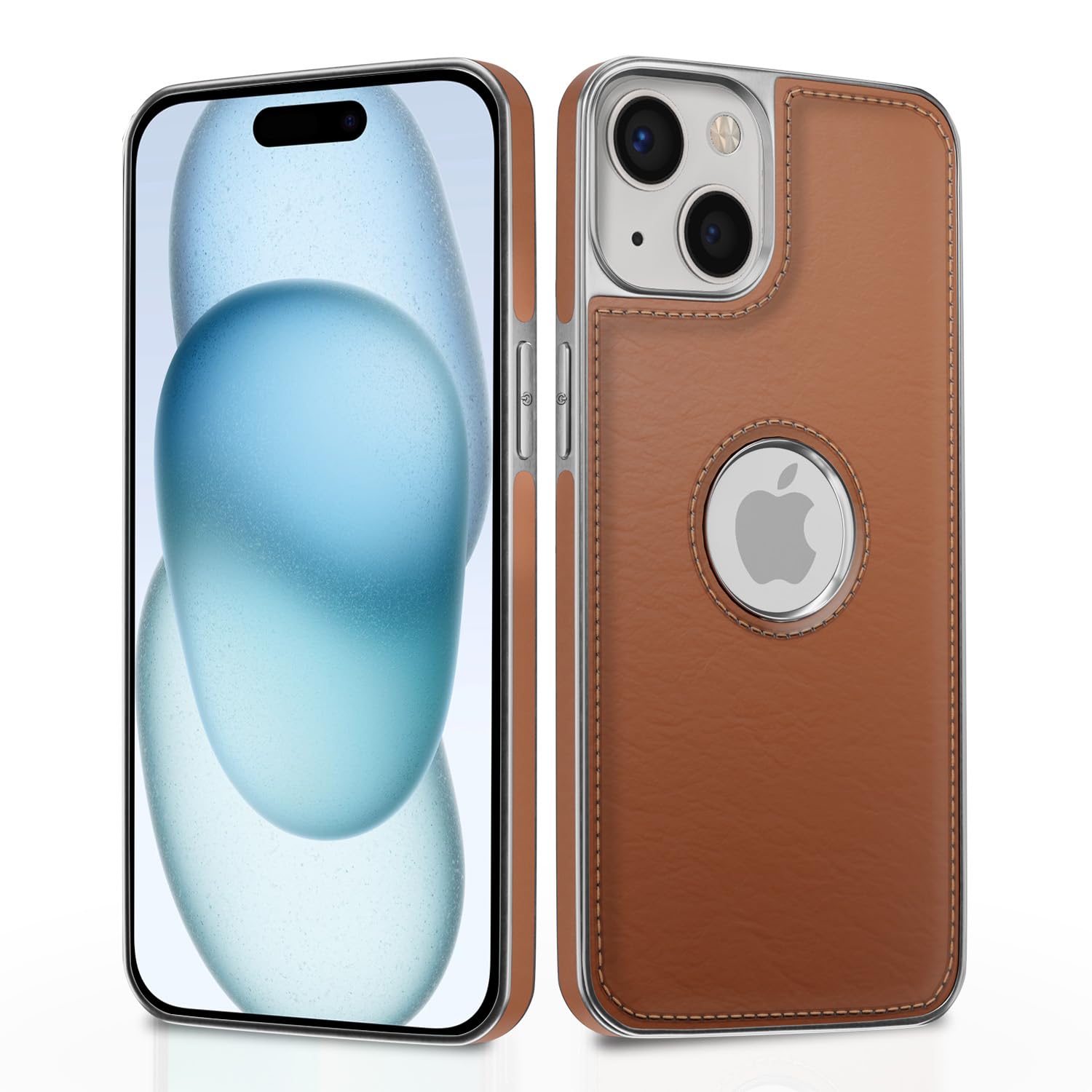 Pikkme Chrome Leather Back Cover Vegan Leather Silver Electroplated Logo Cut Chrome Bumper Case for iPhone 15 Plus (Tan) (B0D2HQYWL7) Amazon Price History, Amazon Price Tracker