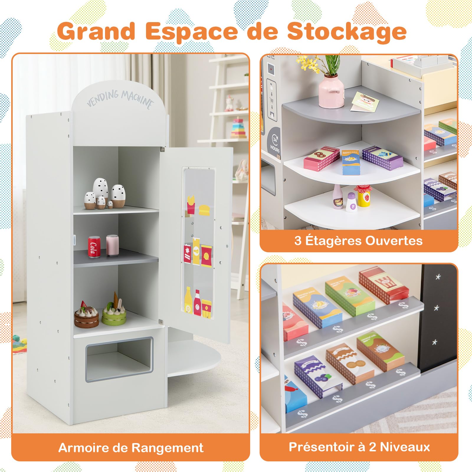 COSTWAY Épicerie Enfants en Bois avec 15 Accessoires & Distributeur Automatique, Marchande Enfants avec Caisse Enregistreuse Réaliste & Tableau Noir, Jeu d’Imitation pour Enfants de 3-8 Ans (Gris)