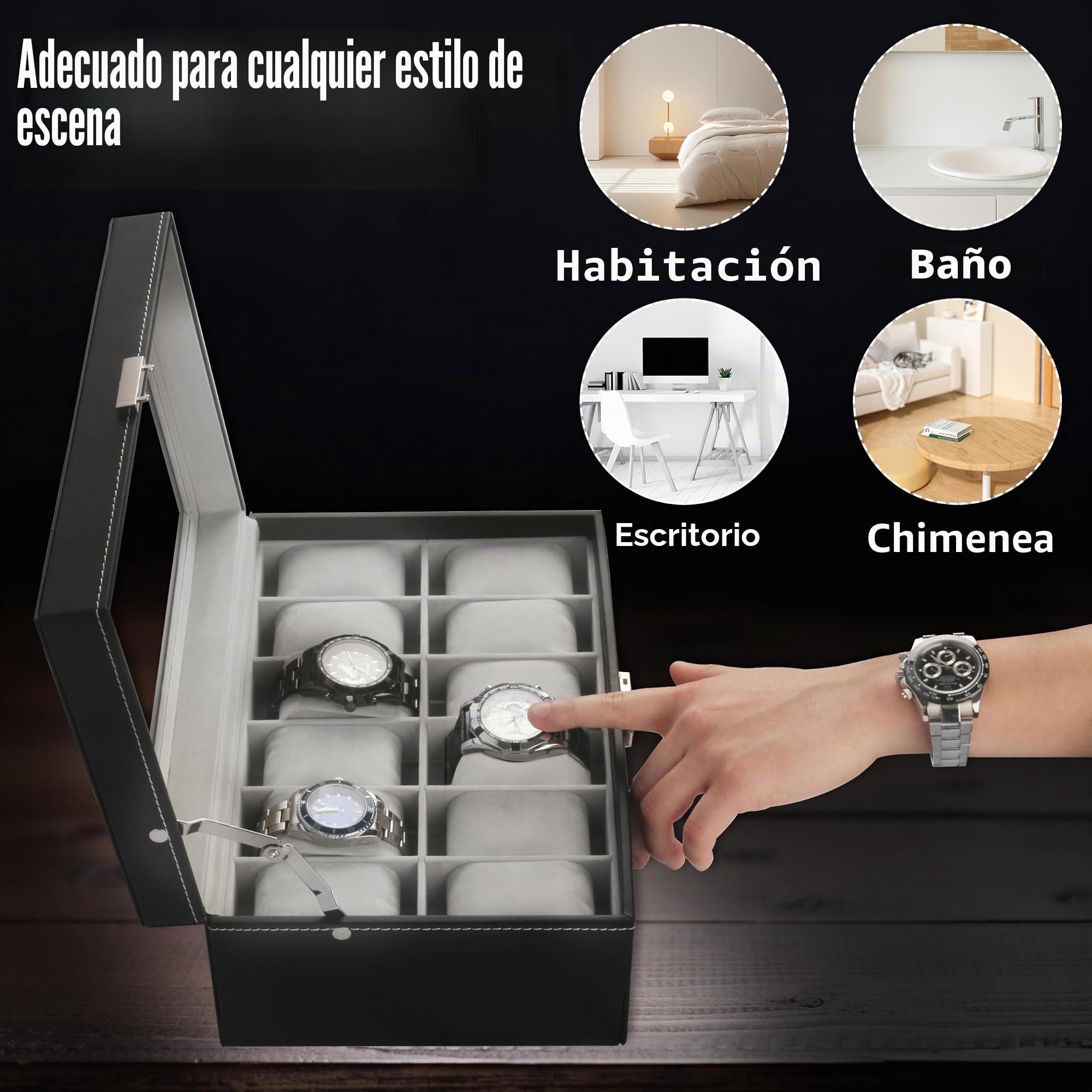Ogrmar Cajas de almacenamiento de relojes de piel sintética con 12 ranuras, caja de almacenamiento de joyería para hombres y mujeres, organizador de 2 niveles con tapa de vidrio