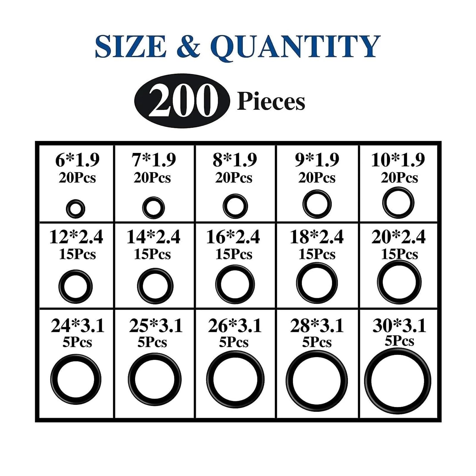 Pacchetto guarnizioni O-ring in gomma Set guarnizioni O-ring in gomma nitrilica Set guarnizioni O-ring for valvola NBR - Kit guarnizioni assortite(200pcs)