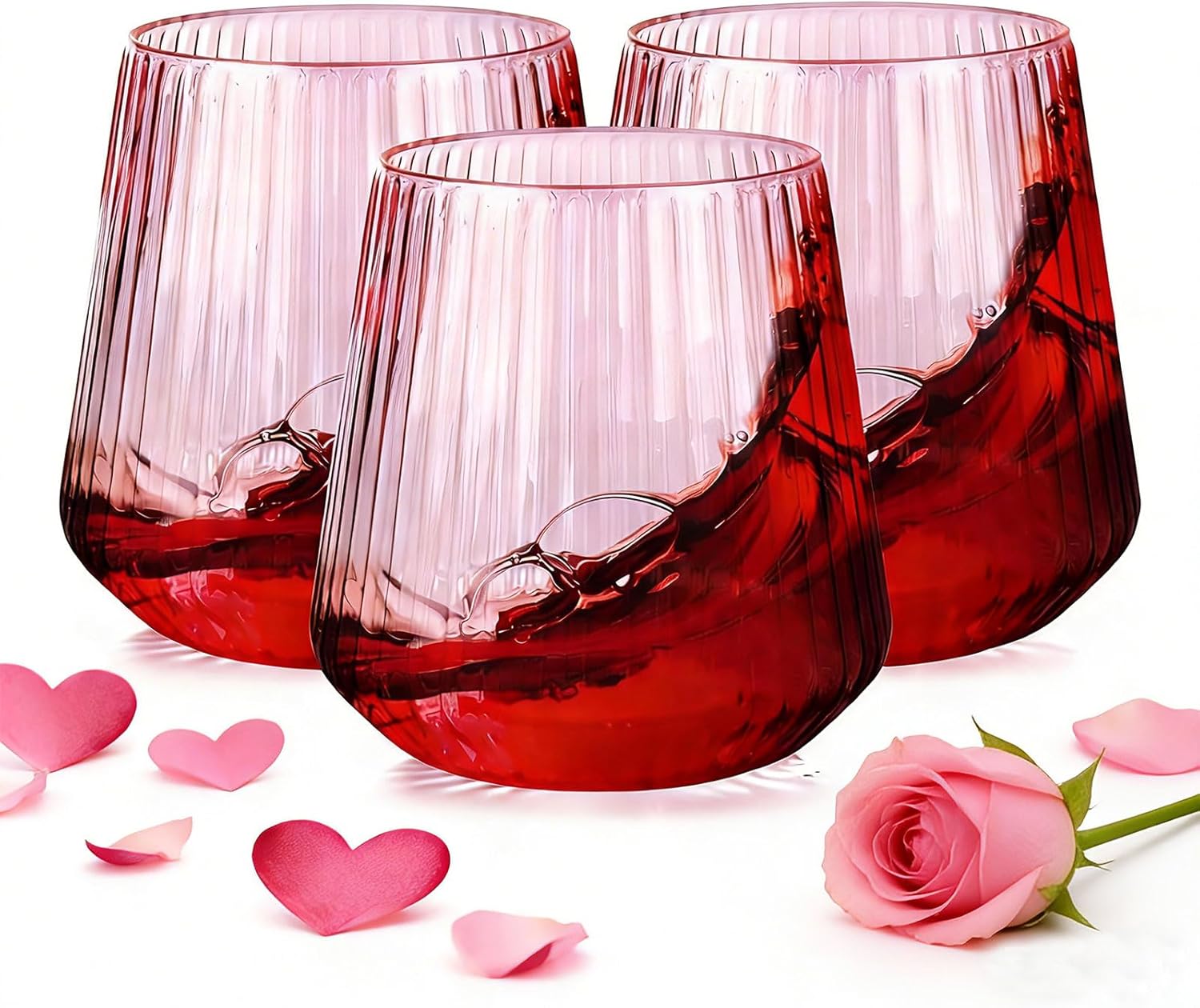 30 Pack Pink Plastic Ribbed Wine Glasses, 14 OZ Origami Stemless Disposable Wine Champagne Whiskey Glasses Unbreakable Clear Plastic Cocktail Glasses, Wine Cups for Party Wedding & Valentine's Day