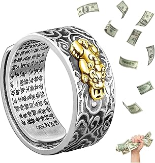 Feng Shui Pixiu Mantra Amulet Lucky Adjustable Ring Buddhist Good Luck Mantra Double Protection Wealth Love Health Ring For Men Women Vintage Ring Jewelry Gift, Metal, No Gemstone