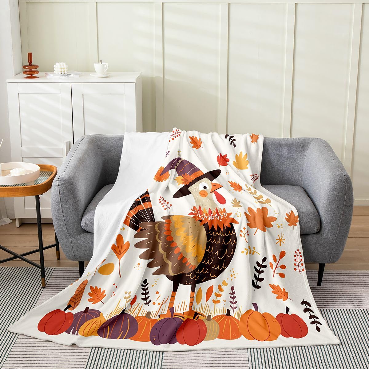 jejeloiu Thanksgiving Turkey Flannel Blanket Plush Fuzzy Fall Pumpkin Fleece Throw Blanket Rustic Plush Lightweight Sofa Throw Vintage Country Twin 60"x80" Beige for Bed Couch Chair Living Room