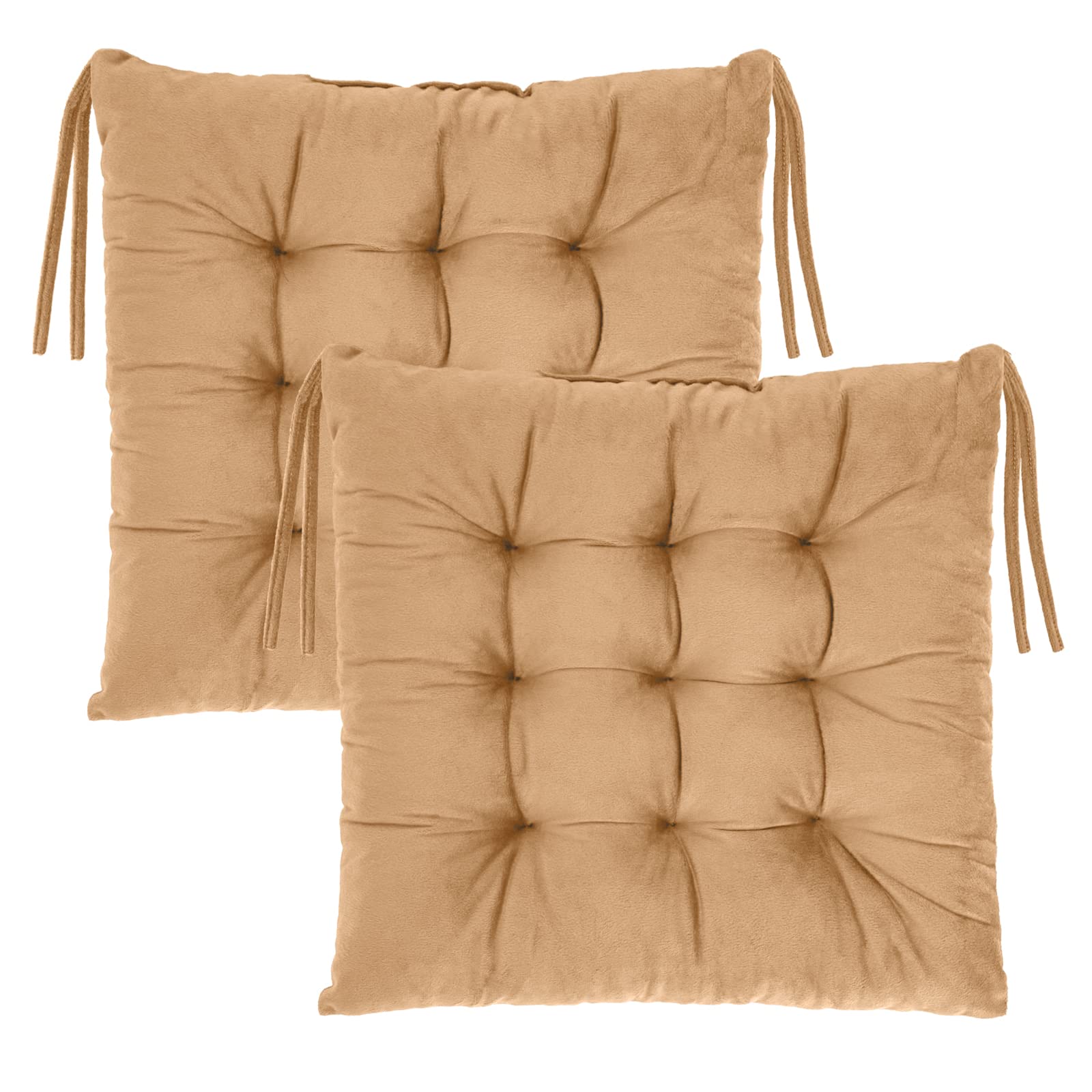 Uiopa Garden Chair Cushions Set of 2, 16" x 16" Chair Cushion with Ties Crystal Velvet Seat Pads for Kitchen Chairs Pads, Thick Soft Comfy Seat Cushion for Dining, Garden, Outdoor, Indoor (Camel)