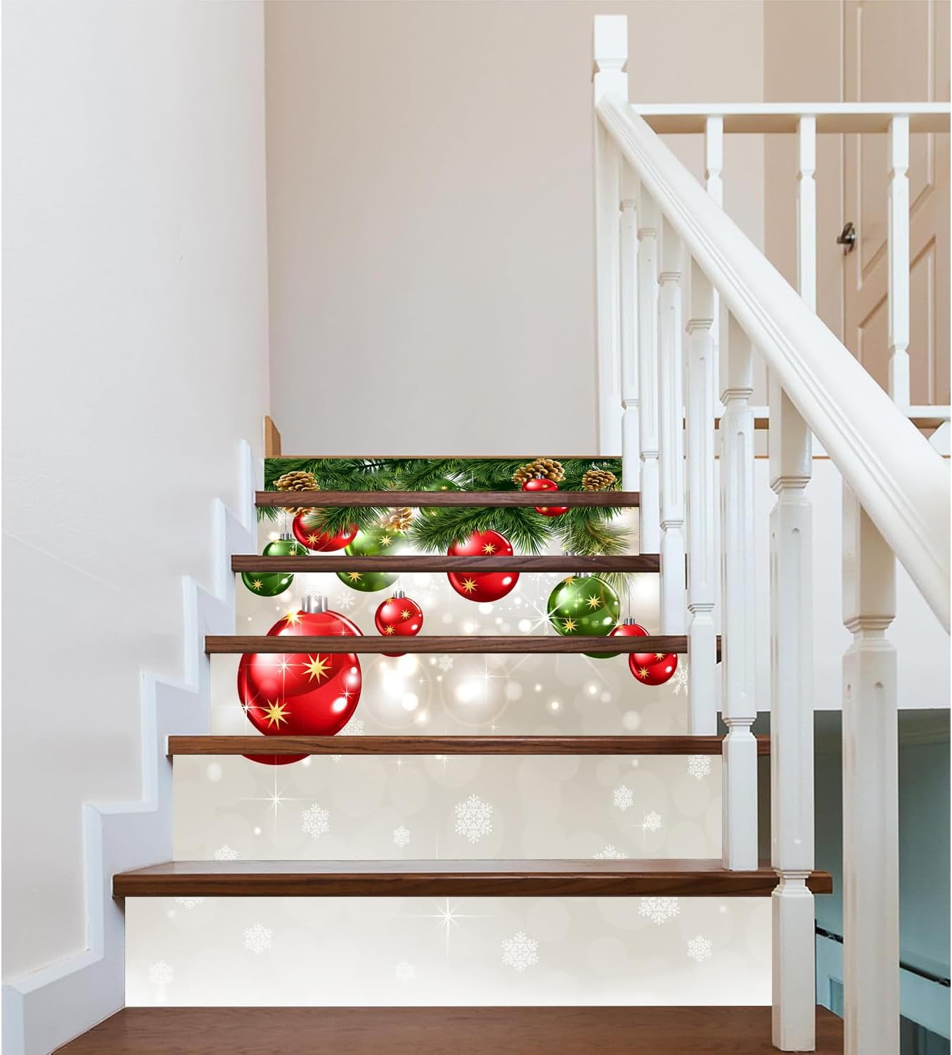 Self-Adhesive Stair Stickers, Peel and Stick Vinyl Stair Riser Decals for Stairs Risers 39.37 x 7.08 in x 6 Pcs, Christmas Apricot