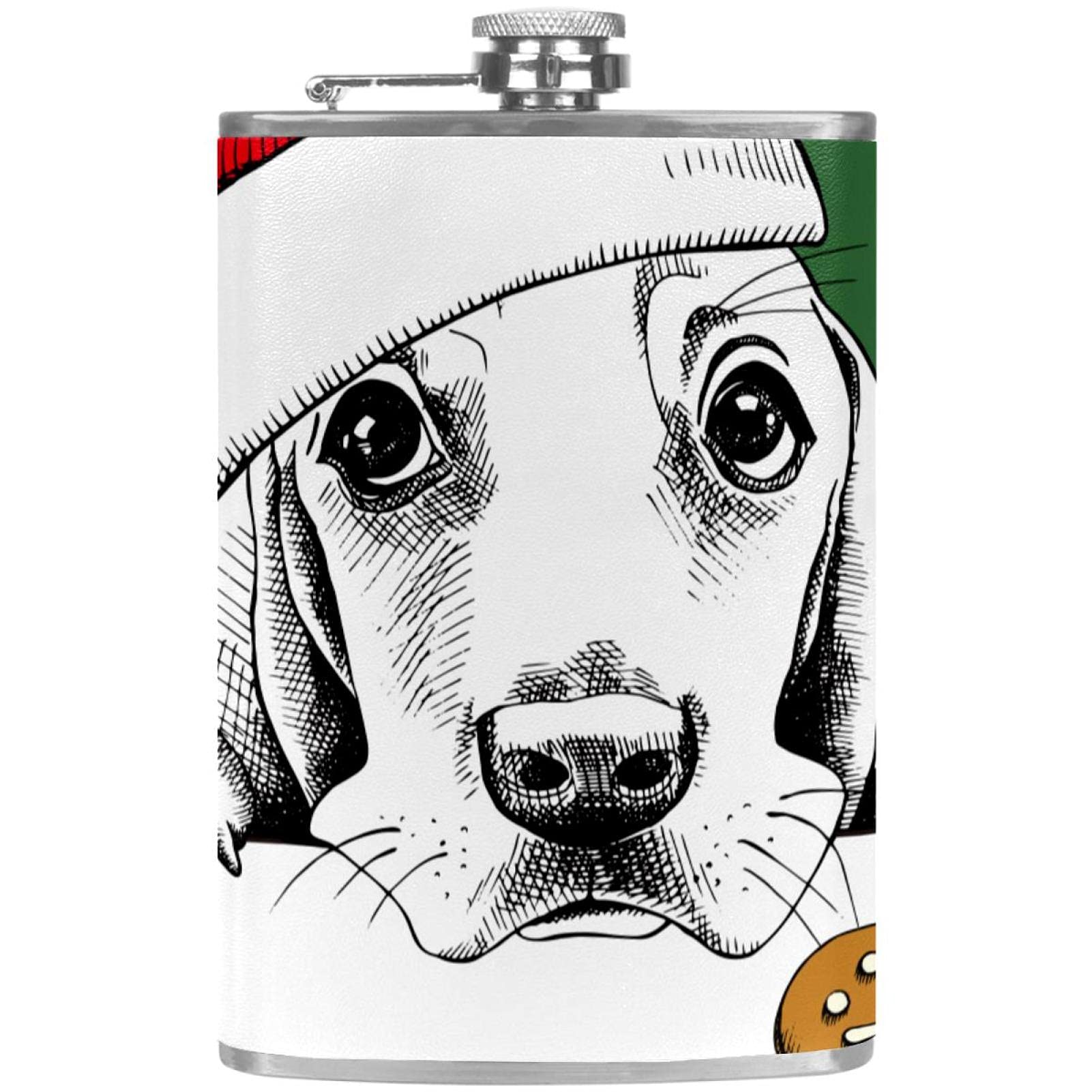 Flasque pour liqueur et entonnoir inox idée cadeau Noël motif chien rigolo peinture verte