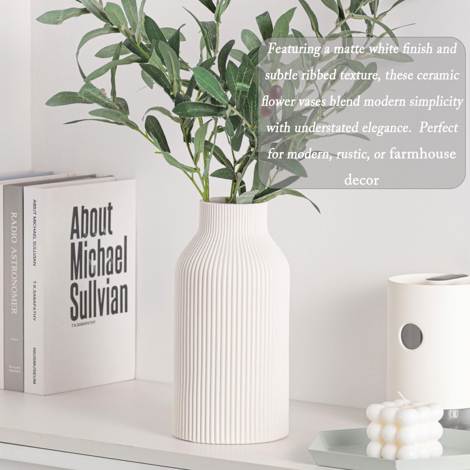 10 Inch White Ceramic Vase for Decor,Minimalist Modern Home Decorative Large Flower Vase for Pampas Grass,Bookshelf, Living Room, Shelf, Bedroom, Bathroom, Entryway Mantel Decor - Image 4