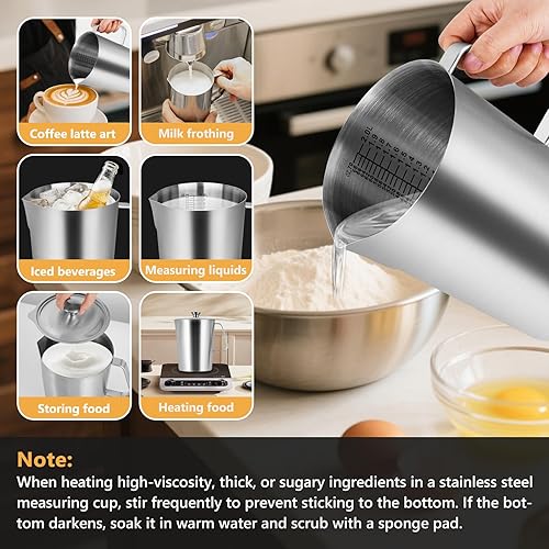 Miniatura 6 de Taza medidora de acero inoxidable con tapa de 2 litros, 70 onzas, vaso graduado de boca grande, jarra de metal con marcado y mango