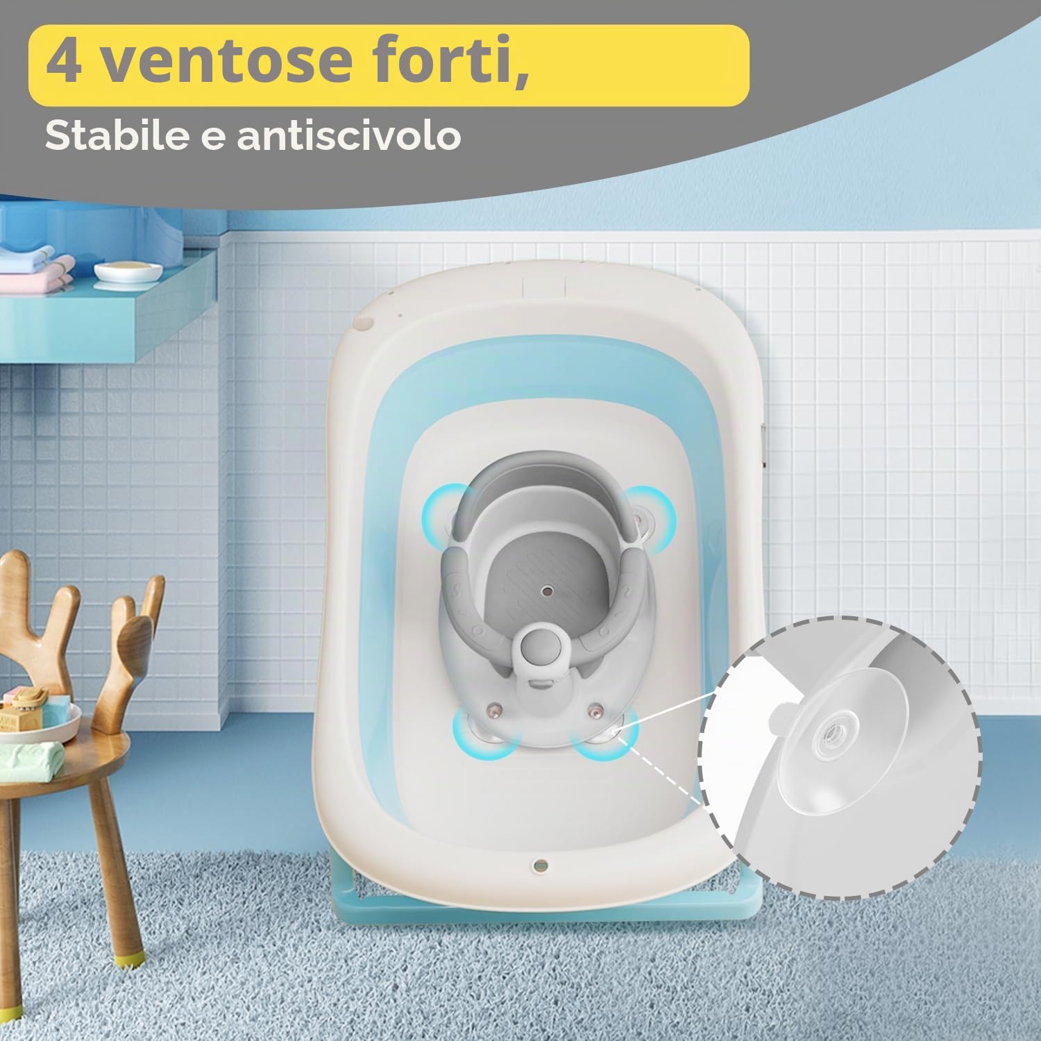 Seggiolino da Bagno Antiscivolo a Partire da 6 Mesi con 4 Potenti Ventose, Tazza e Spugna da Bagno, per Doccia o Vasca (Grigio)