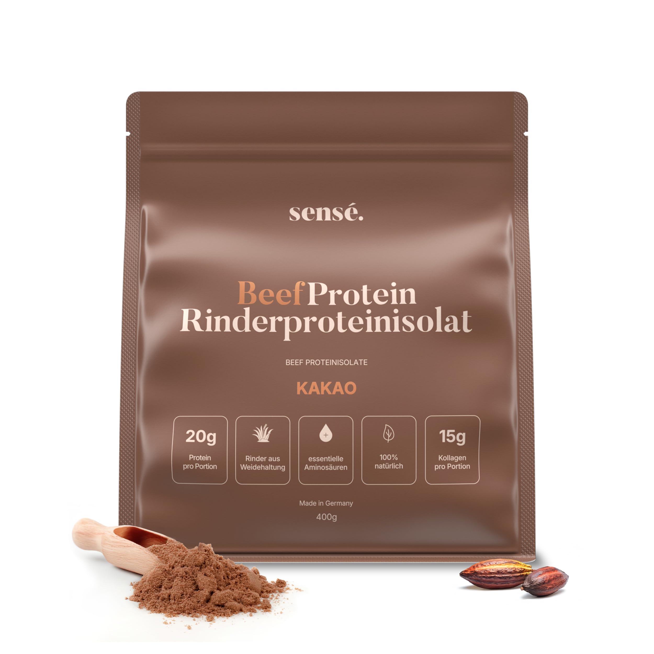 Sensé. Rinderprotein Pulver Kakao 400g -100% natürlich | 20g Protein | 10% Kakaopulver & Flohsamenschalen | Bioaktiv | Kollagen 1,2+3 | Knochenbrühe vom Weiderind | Bone Broth | Made in Germany