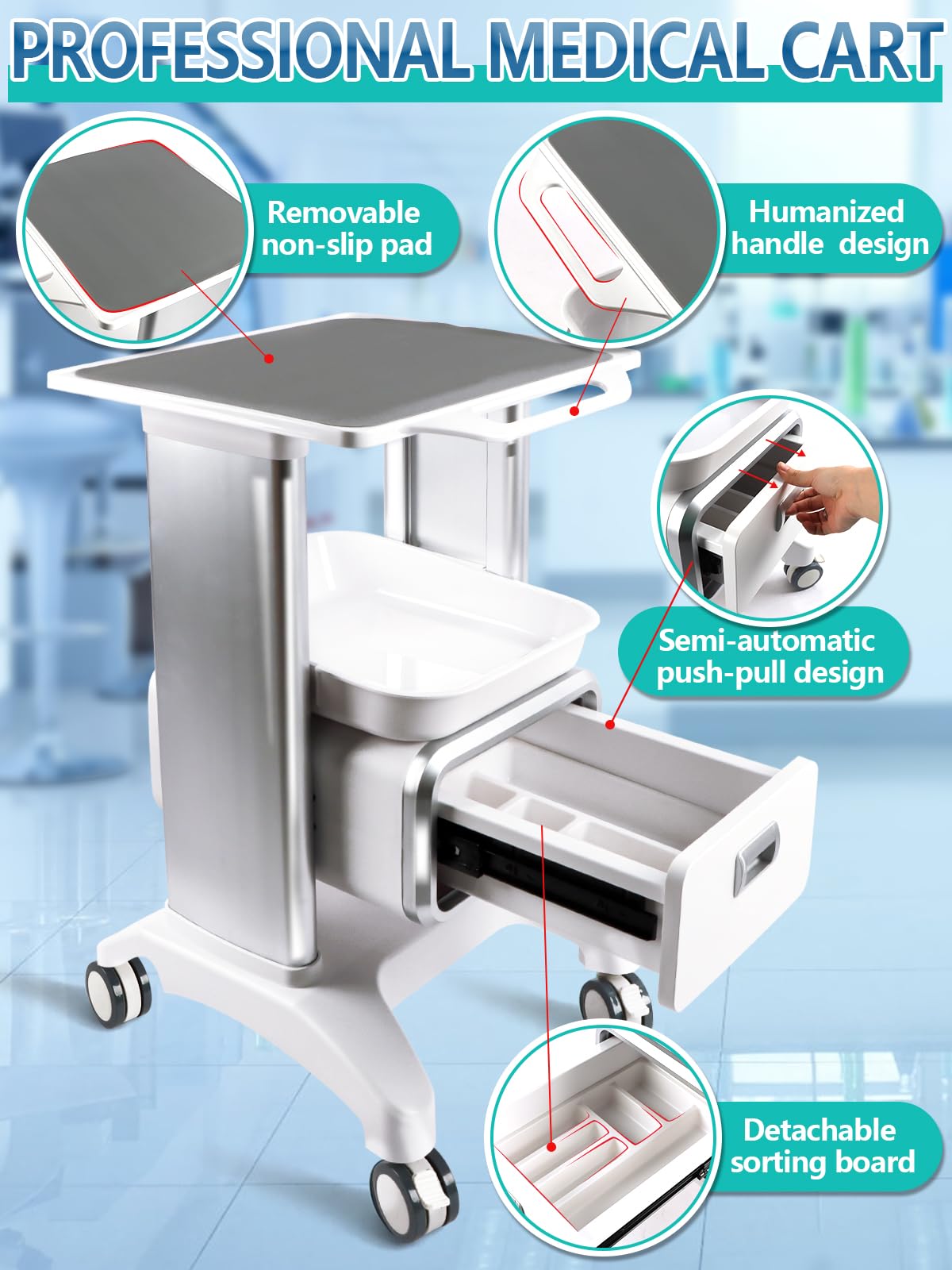 EBANKU Carrello medico con ruote, carrello professionale con cassetto, dotato di cuscinetti antiscivolo, per clinica, spa, ufficio, camera da letto