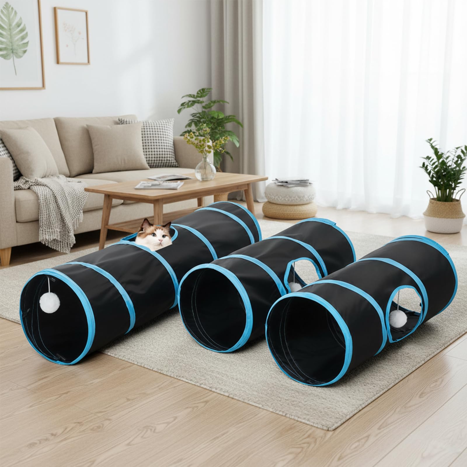 Tunnel pour chat - 3 tunnels droits pour animaux de compagnie - 6 formes à faire soi-même avec baguette - Résistant aux rayures - Tubes pliables pour chiots d'intérieur - Chaton - Lapin - Noir - 208,3