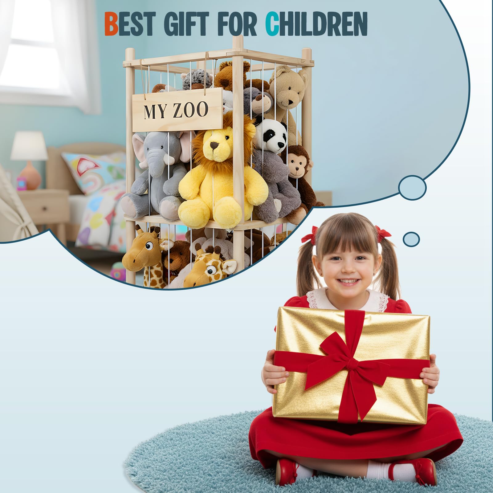 Porta Peluche Verticale a 2 Ripiani, Portapeluche con Ruote Frenate a 360°, Organizer per Animali di Peluche e Giocattoli, per Camera dei Bambini, Sala Giochi, Soggiorno, 95 x 40 x 40 cm