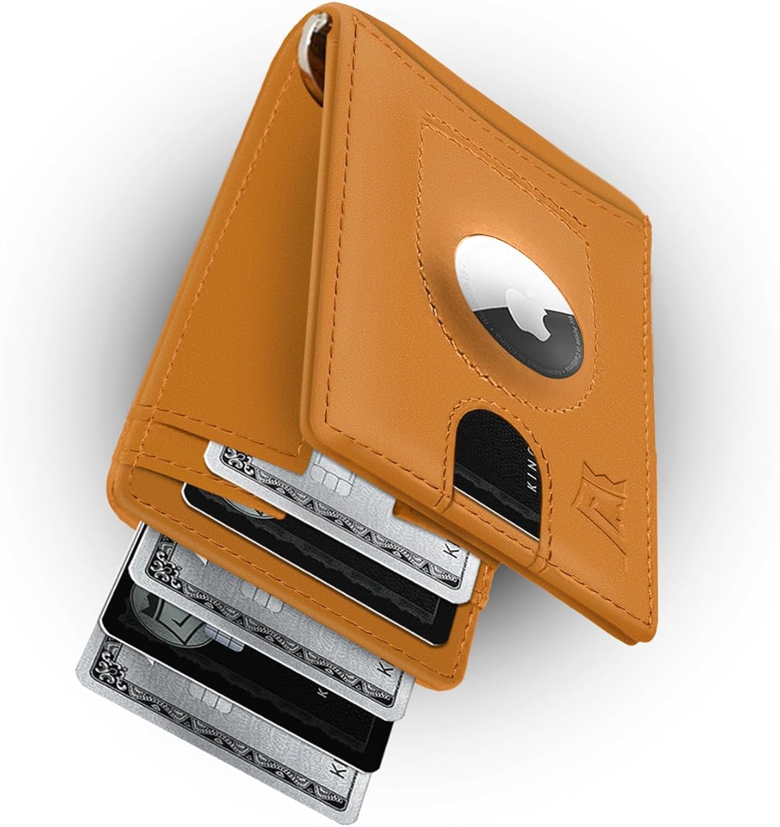 Kings Loot Trackable Airtag Wallet for Men | RFID Blocking Leather Design with Airtag Holder, Money Clip & Pull Tab | Minimalist Air Tag Wallets (Cognac)
