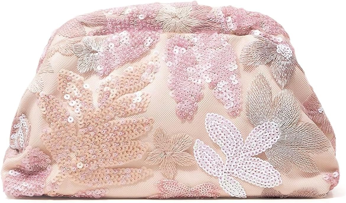 Women's Floral Embroidery Sequin Beaded Evening Bag Dumpling Clutch Purse No Strap Handbags for Wedding Party Prom