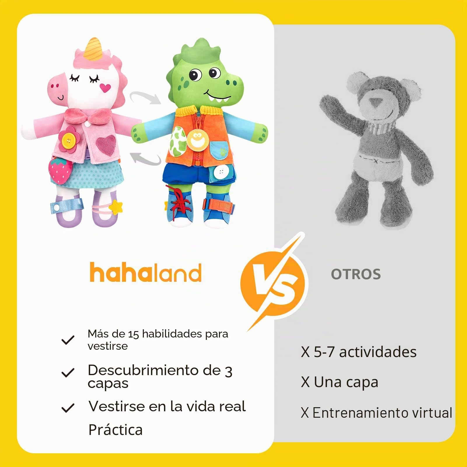 hahaland 2 en 1 Dino & Unicornios Muñeca de Peluche Montessori 1 2 años | Juguetes Interactivo para Vestir, Muñeca Niña, STEM Educativos, Regalos Niña Niños 2 años