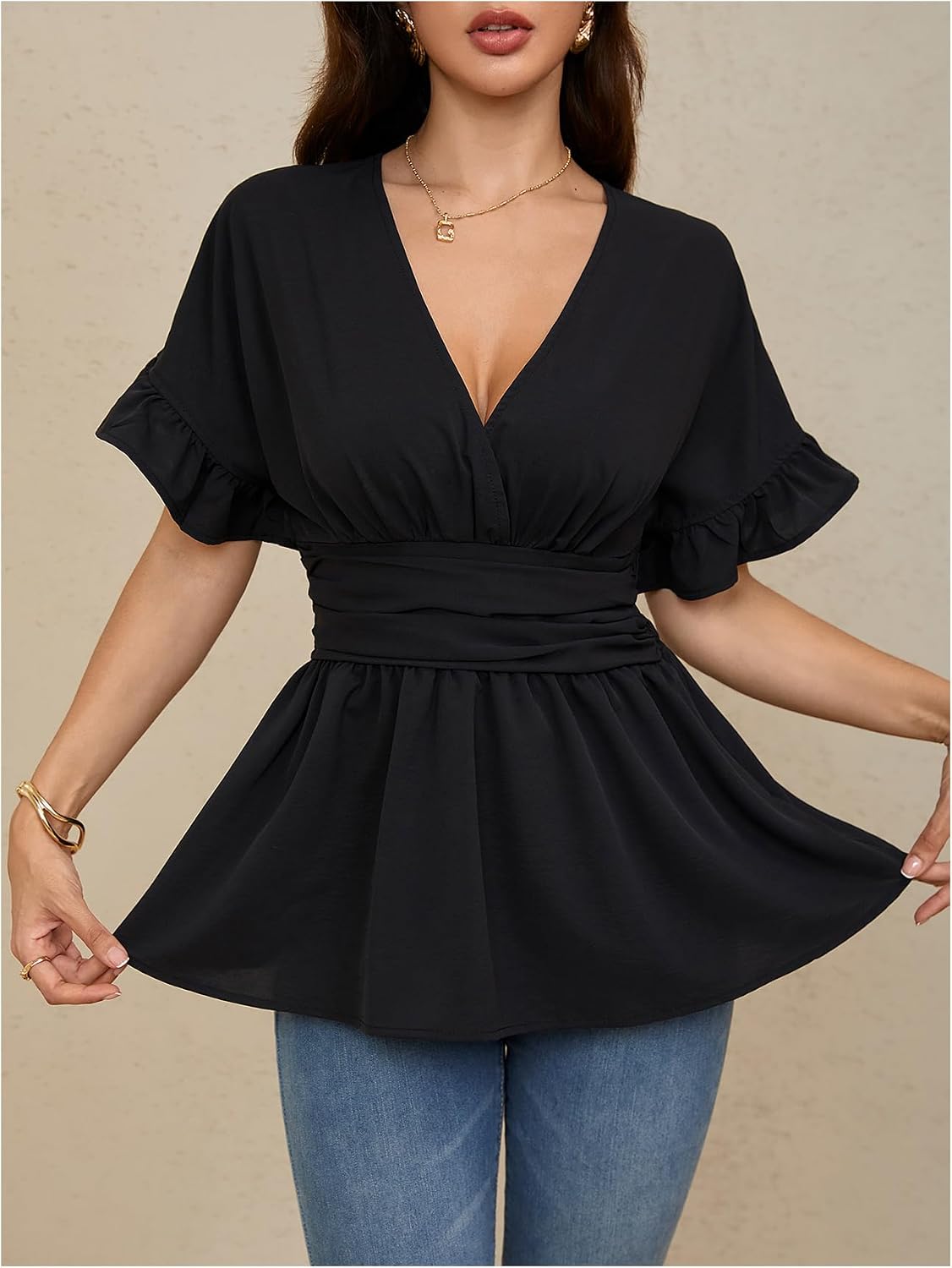 MakeMeChic Women's Wrap V Neck Peplum Tops | Business Casual Tops for Women, Ruched, Ruffle, Babydoll Tops, Long Sleeve Blouse Shirts