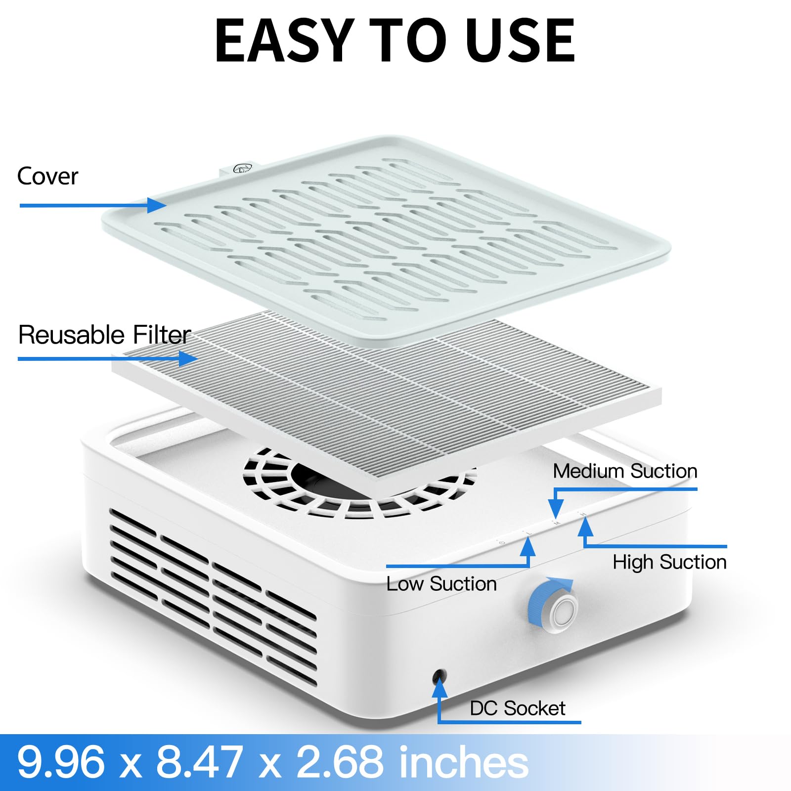 ZIZZON Aspiratore di polvere per unghie a basso rumore con filtro riutilizzabile per nail tech, aspiratore di polvere con ventola da 120 W