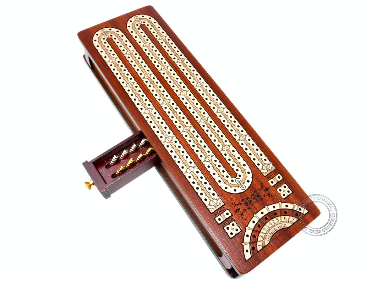 House Of Cribbage 2-Track Continuous Board - Bloodwood Inlaid With Storage Drawer