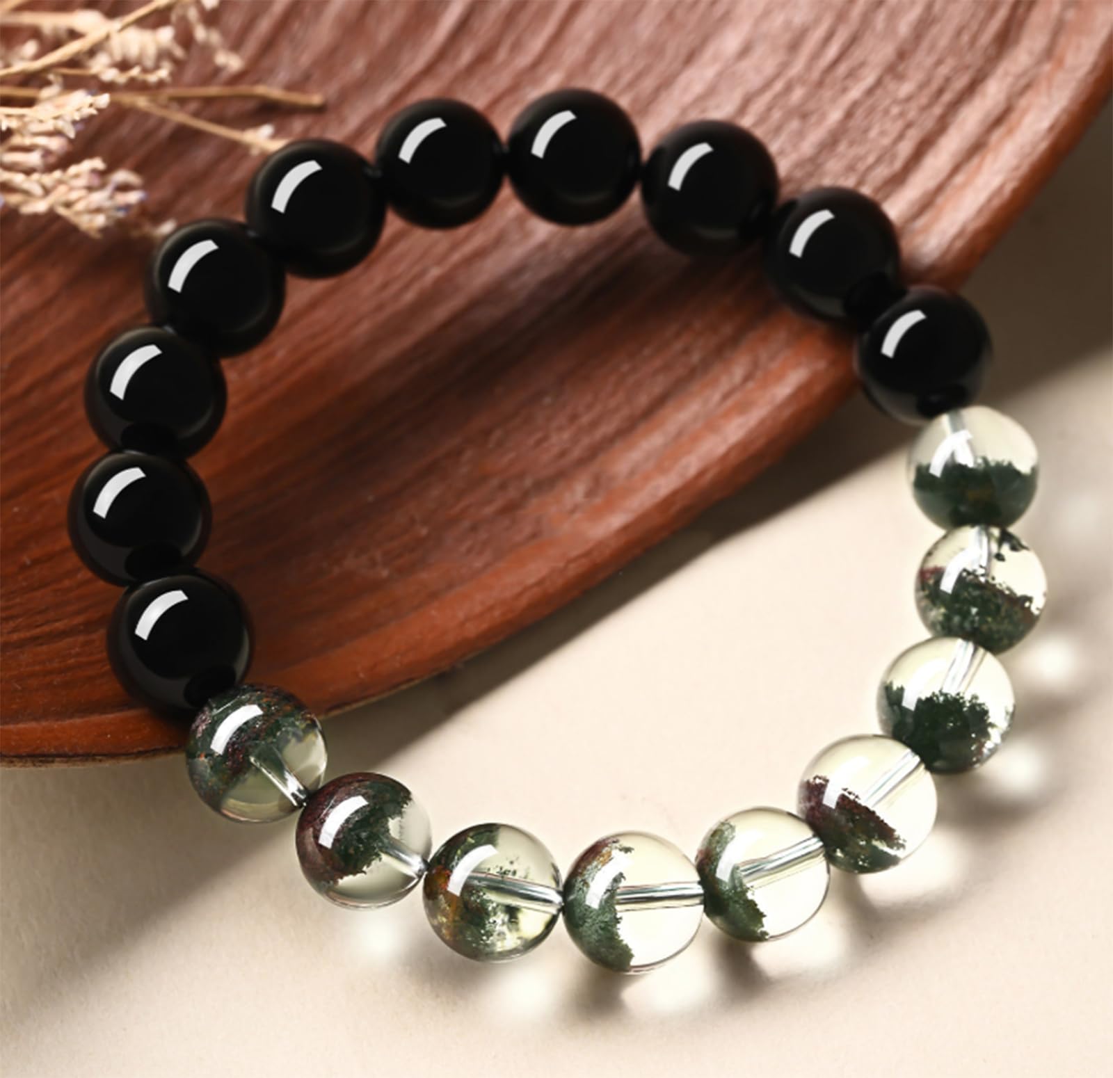 Braccialetti in pietra di cristallo naturale, bracciale portafortuna Feng Shui con quarzo fantasma verde e perline di ossidiana nera, gioielli di protezione con cristalli, regali spirituali,12mm