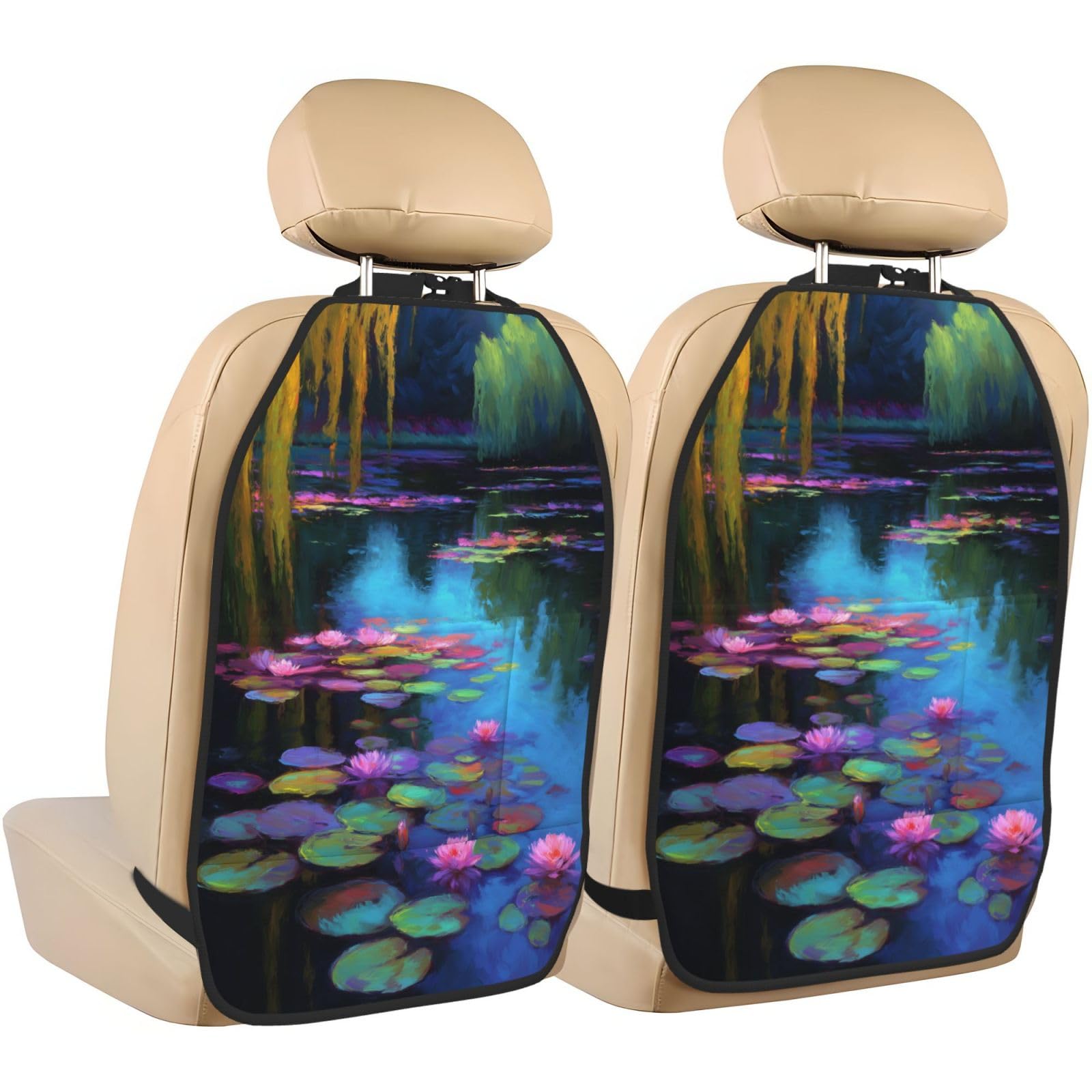 Water Lilies Car Seat Back Kick Protectors,2 Pack Kick Mats With Storage Pockets For Vehicles To Protect From Dirt Mud Scratches