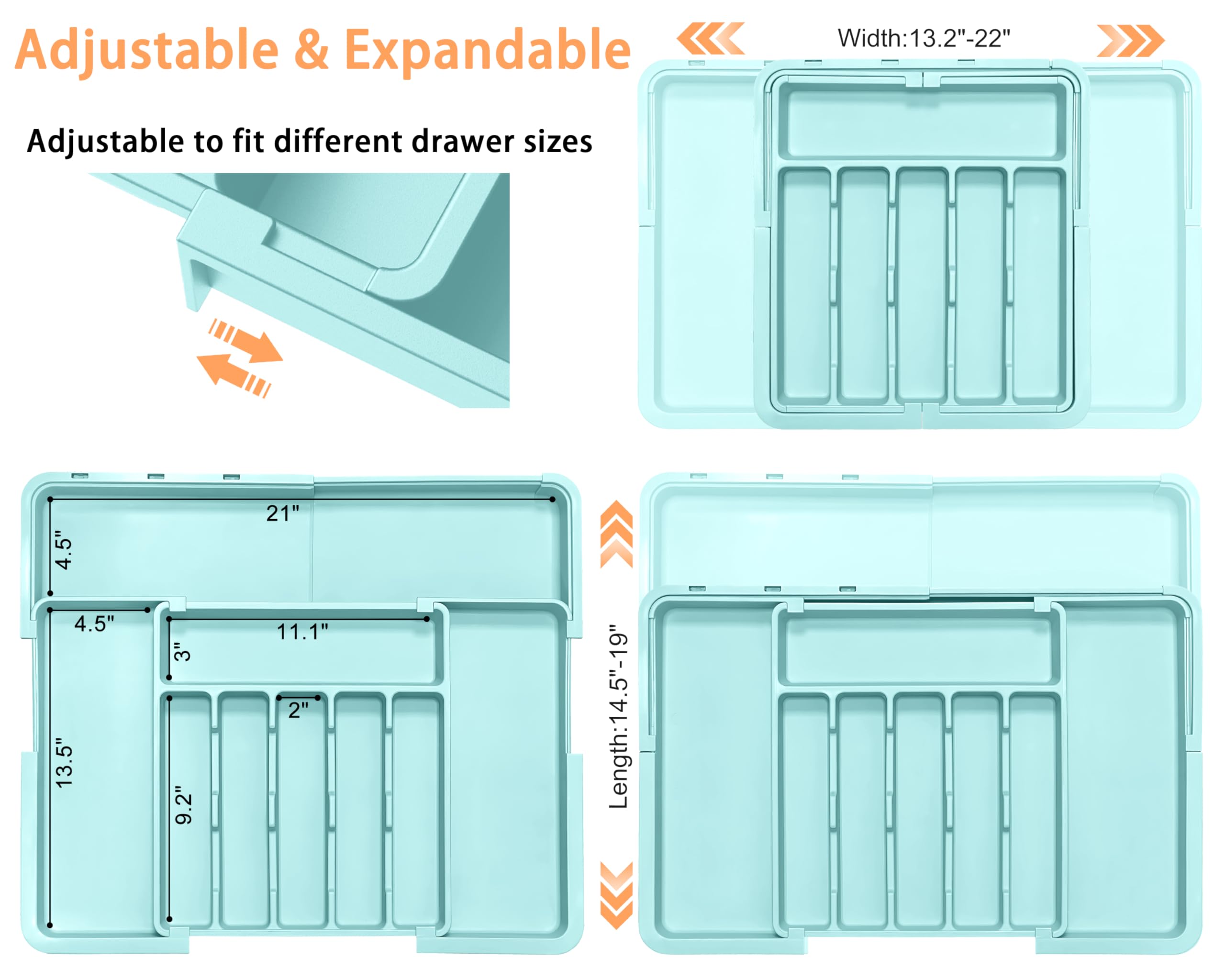 Organizador de cubiertos expandible para utensilios de cocina, organizador de cajones, grande, sin BPA, ajustable, bandeja de cubiertos para cucharas, tenedores, cuchillos, divisor de almacenamiento