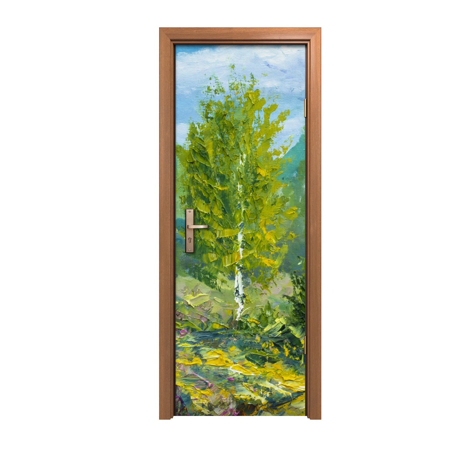 Peinture forestière en autocollant de porte 70x200cm pour salon nature et zen