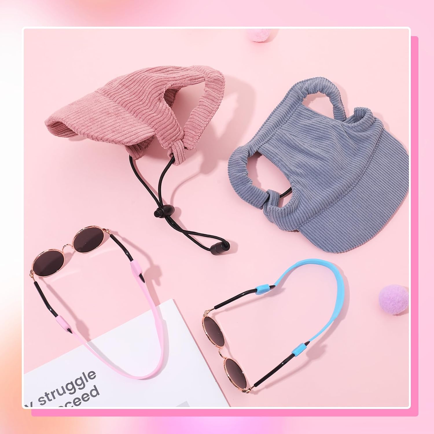 2 Set Medium Dog Baseball Hat with Ear Holes and Pet Sunglasses for Beach, Dog Baseball Cap Puppy Sun Hats for Medium Dogs (Pink, Blue)