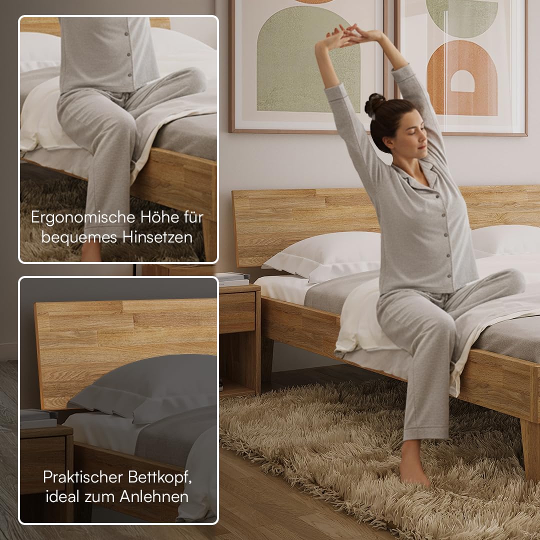 skølm Asgard Massivholzbett 140x200 cm - hochwertiges Holzbett aus Eiche mit Kopfteil – Bettgestell in Natur geölt - Bettrahmen geeignet als Doppelbett - Futonbett - Schlafzimmer Bett