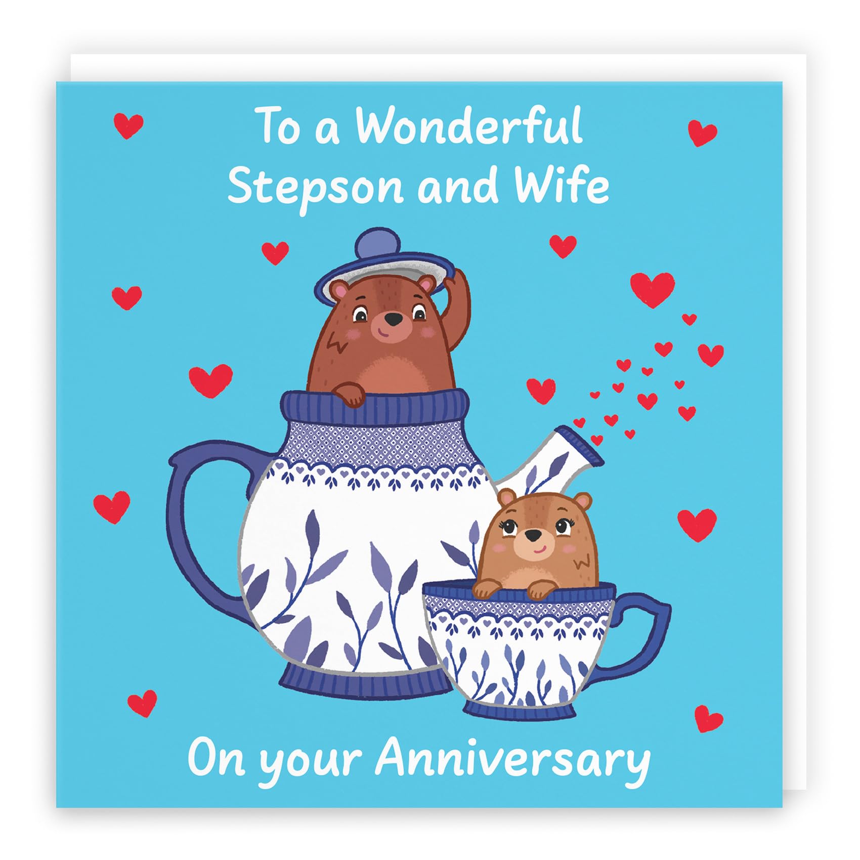 Hunts England - Cute Teapot Stepson And Wife Anniversary Card - Fun Bears Anniversary Card - Love Story Collection