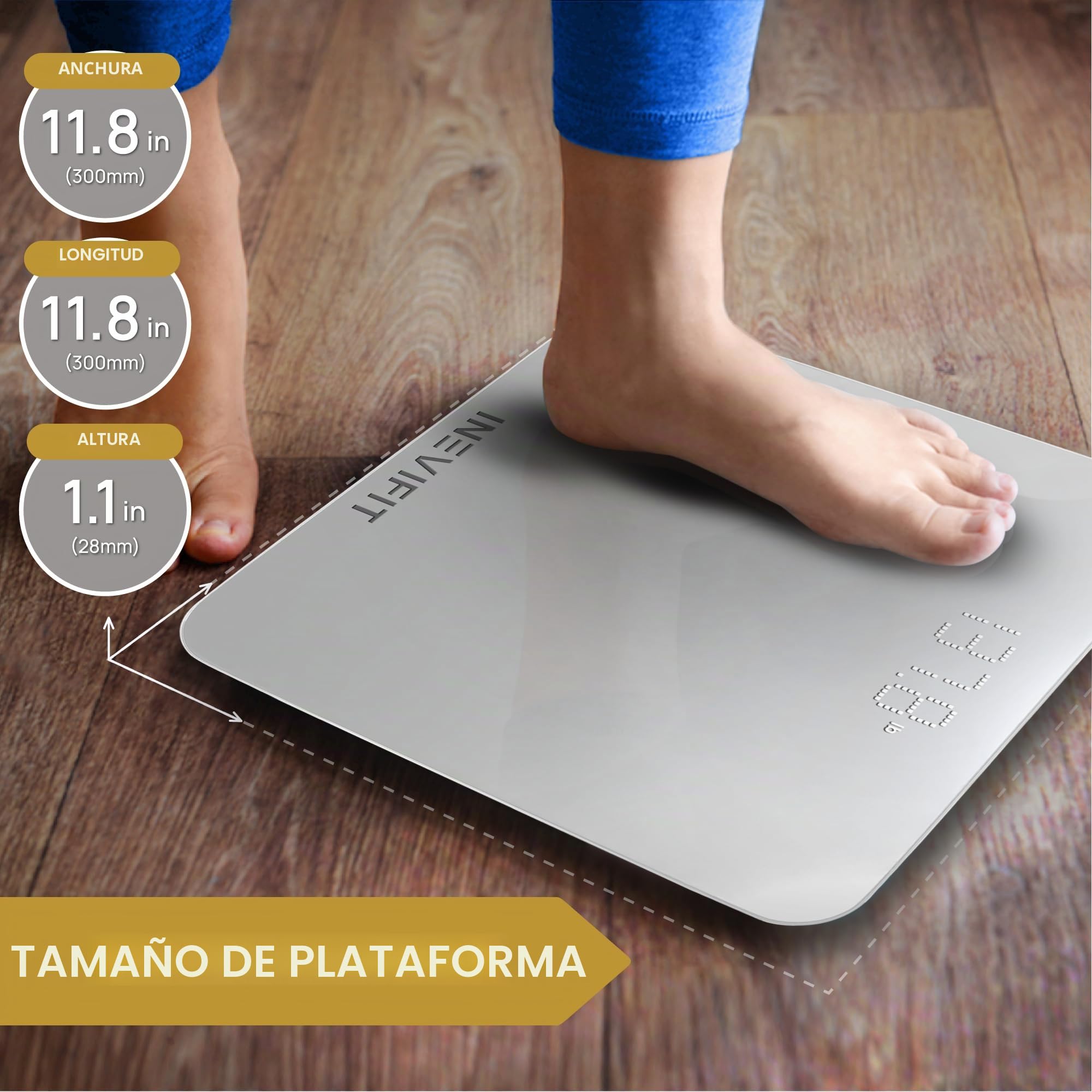INEVIFIT Báscula de baño, báscula digital de alta precisión, mide el peso para múltiples usuarios. plataforma grande de plata 11.8 "x11.8"