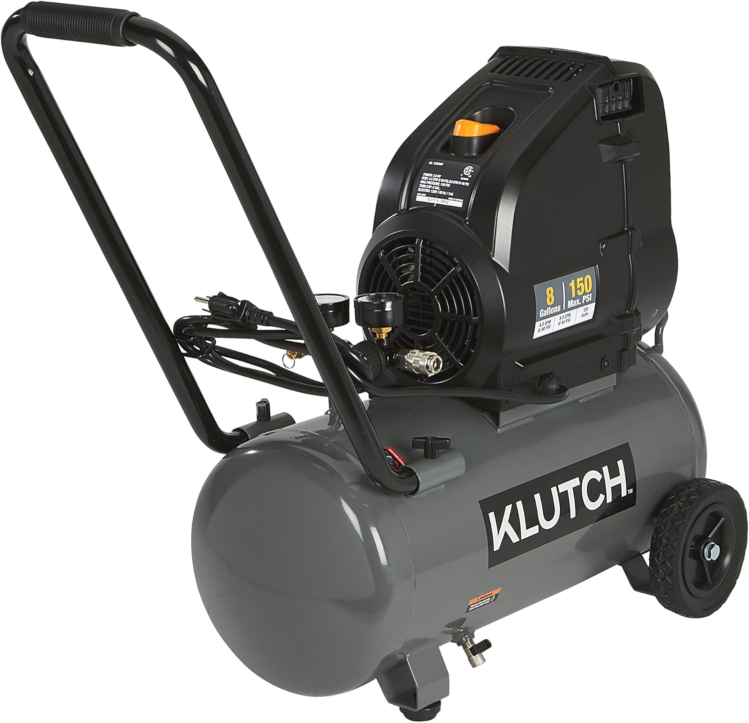 Klutch 8-Gal. Hot Dog Air Compressor, 2 HP Motor, 120 Volts, 150 PSI