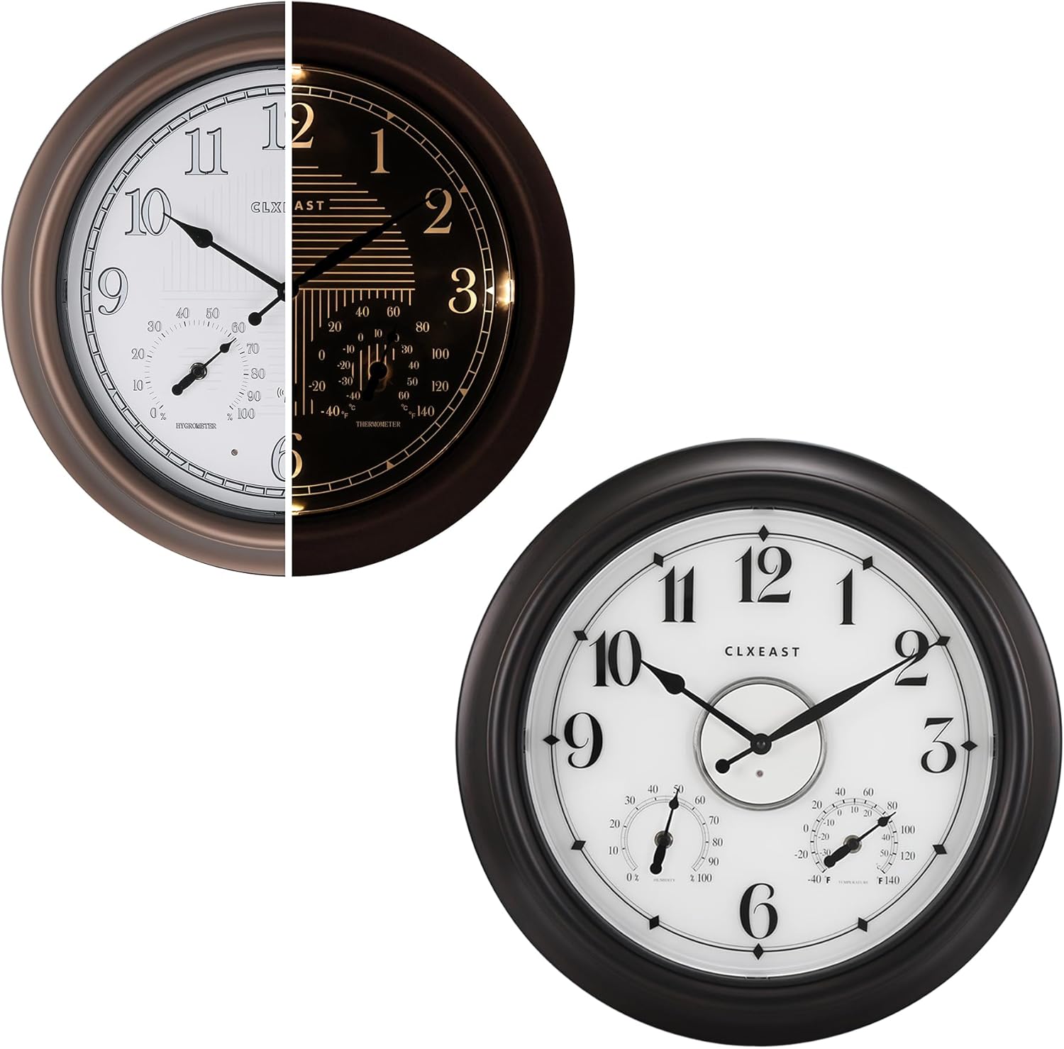 CLXEAST Illuminated Outdoor Clocks Waterproof 18 inch with Smart Sensor,Large Outdoor Clock 18 Inch Illuminated Outdoor Indoor Atomic Analog Wall Clock with Temperature & Humidity