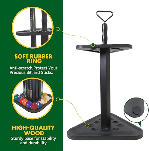 Miniatura 4 de Soporte de piso para taco de billar de madera, organizador de sala de juegos, con capacidad para 9 tacos, juego completo de bolas y accesorios,