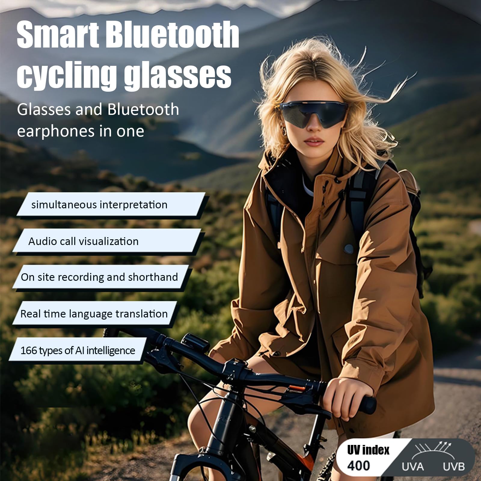 Feoffey Cycling Smart Glasses with Bluetooth Audio & AI Translation - Polarized Sunglasses with Built-in Speakers, Hands-Free Calls for Biking, Running, Outdoor Sports ((Black)