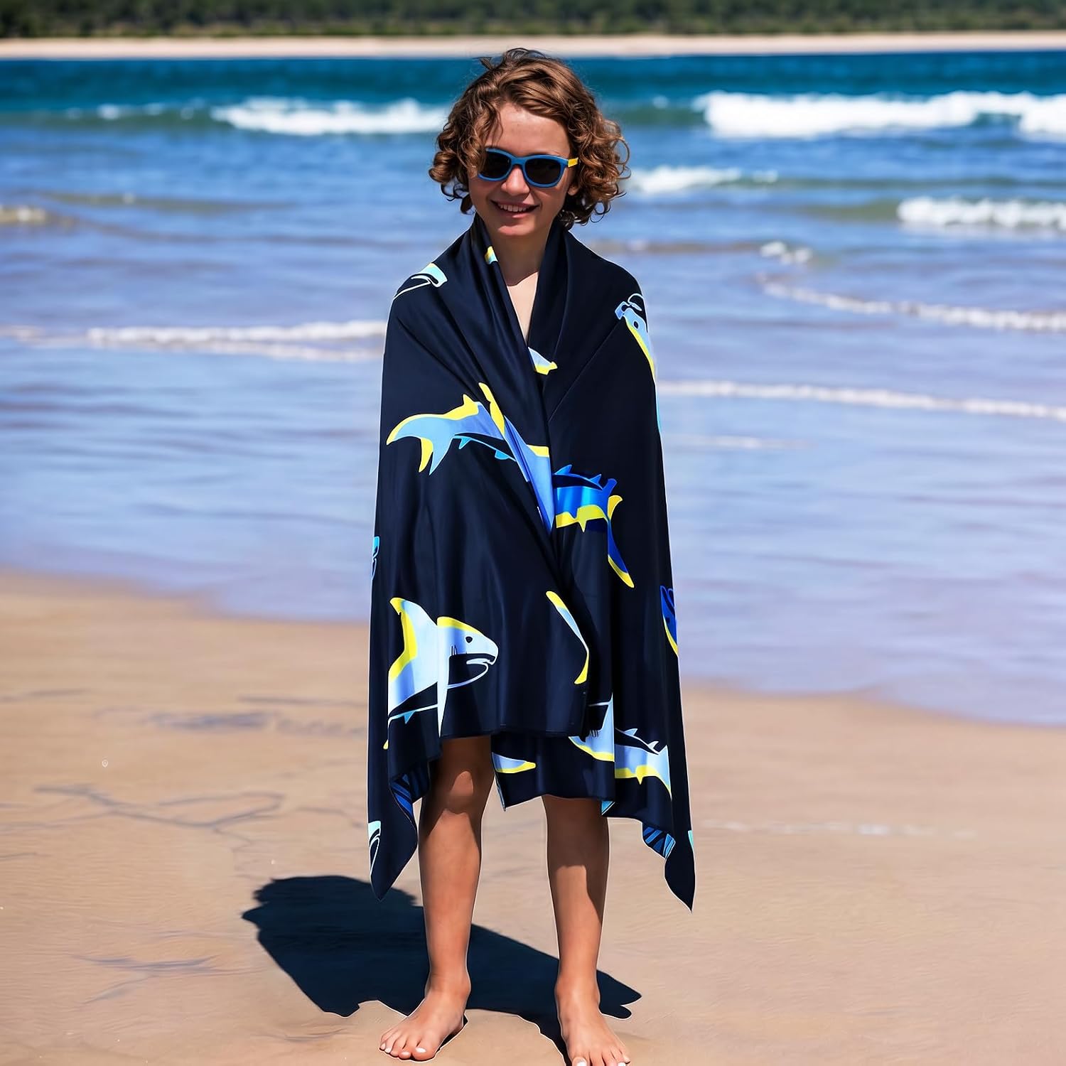 Large Kids Beach Towel: Bright Yellow Blue Shark Beach Towel for Travel, 63"x31" Quick Dry Soft Absorbent Sand Free Terry Cloth Bath Towel, Compact for kid Trip Vacation Beach Bath Camping Pool Swim