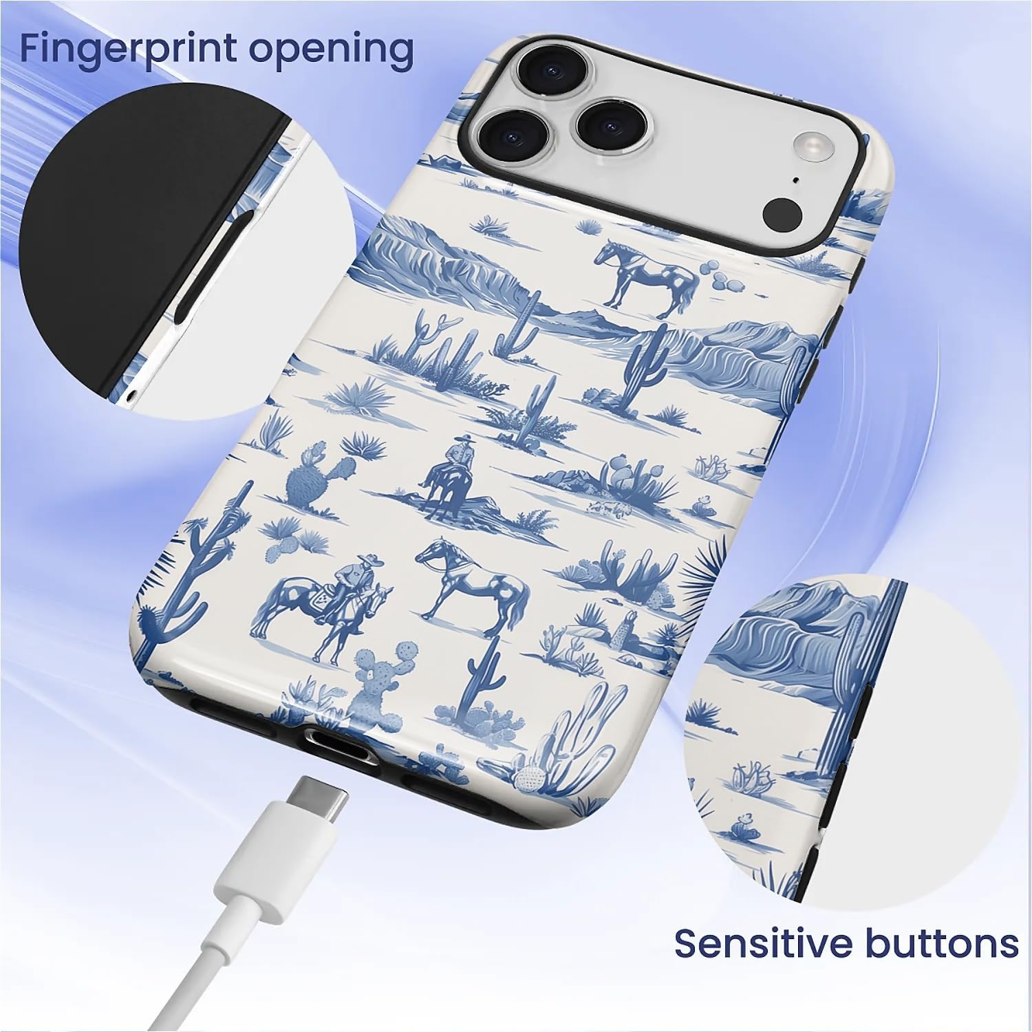 for iPhone 17 Pro Max Case, Hybrid 2-Layer Silicone Protective Glossy Case for Girl Women for iPhone 17 Pro Max Western Cowboy Horse Cow Desert Cacti Pattern - Image 6