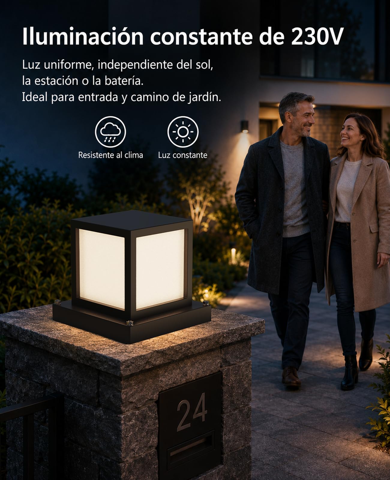 Farola Exterior Jardín E27, Lámpara de Sobremuro IP65 de Metal, 15W LED 3000K/4000K/6000K, Baliza Exterior Cuadrada para Muro, Camino, Terraza, Patio y Valla, Negro