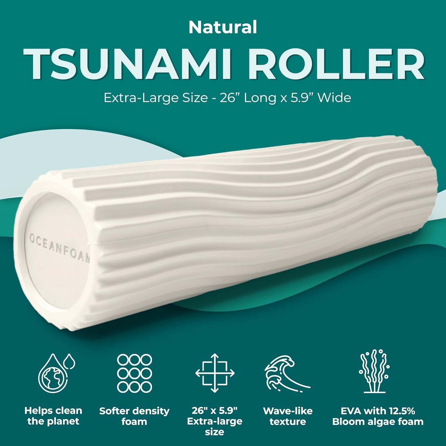 Oceanfoam Tsunami Roller (Natural) - Extra-Large, 26" x 5.9" - Soft, Textured Foam Roller for Physical Therapy, Back Pain, Exercise & Stretching - Wave Textured - Yoga, Athletics, & Wellness - Image 2