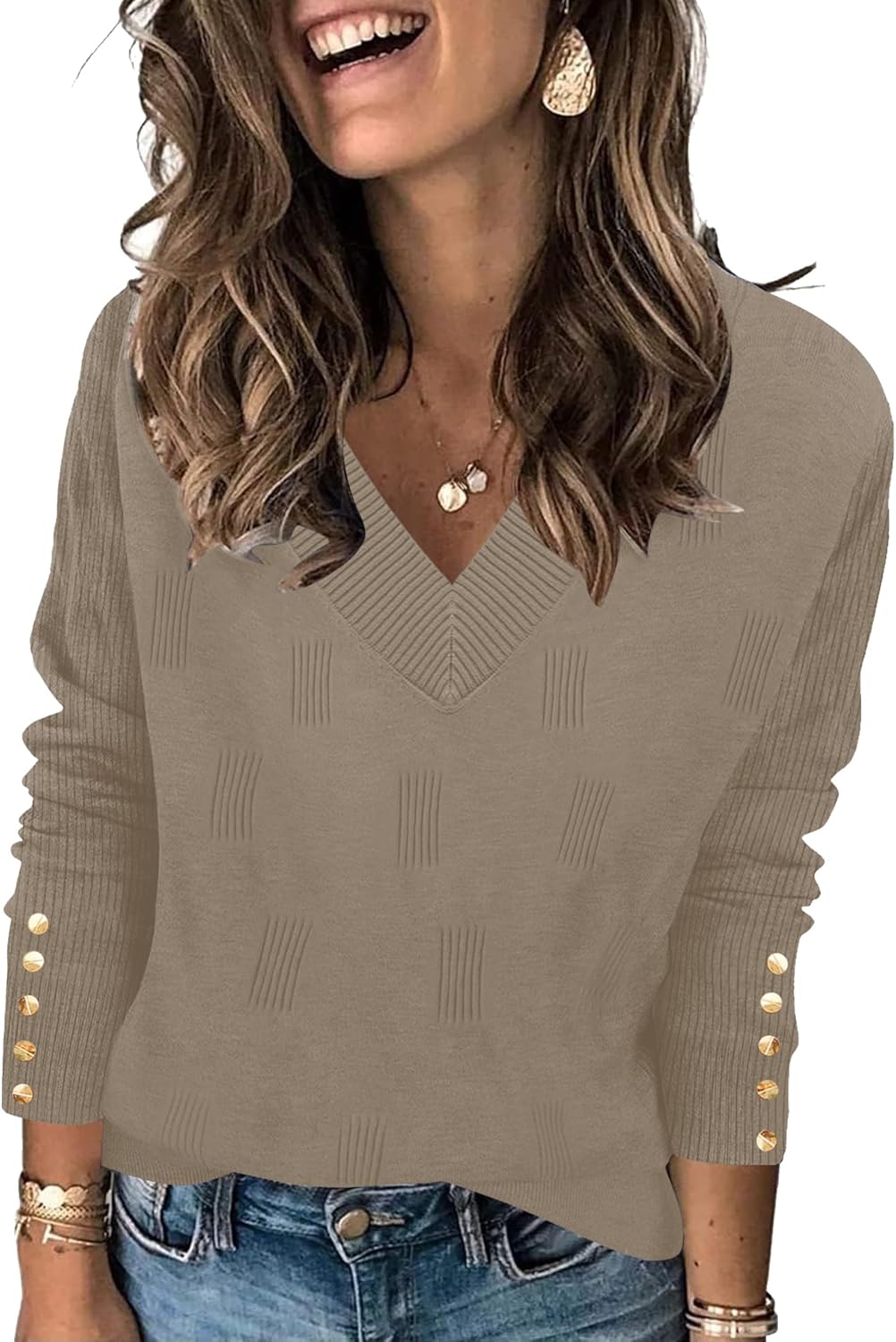 AKEWEI Womens V Neck Sweaters Long Sleeve Lightweight Knit Pullover Tops with Decorative Buttons