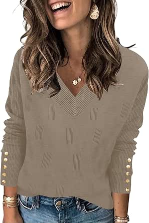 Womens V Neck Sweaters Long Sleeve Lightweight Knit Pullover Tops with Decorative Buttons