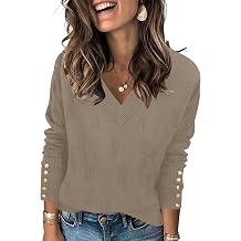 AKEWEI Womens V Neck Sweaters Long Sleeve Lightweight Knit Pullover Tops with Decorative Buttons