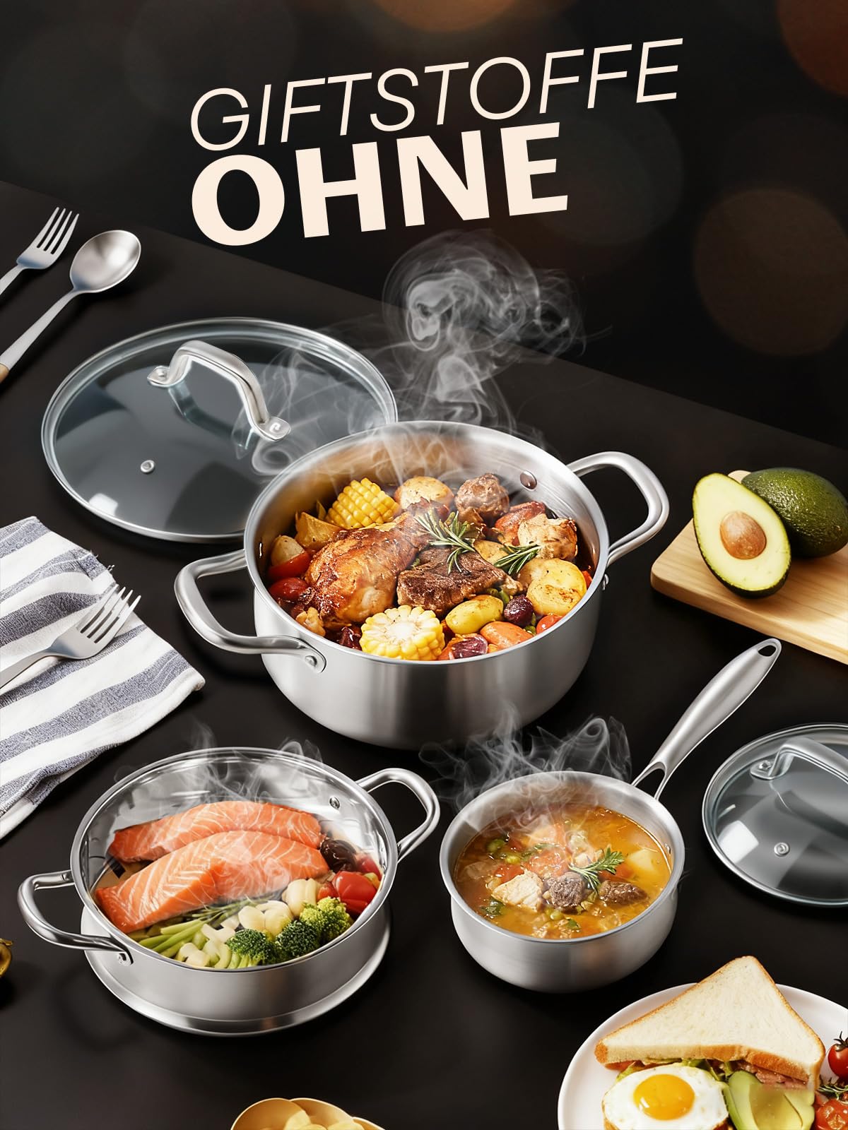 Topfset Edelstahl 3-PLY, 15-tlg Premium Induktions Töpfe Set Induktionsgeeignet für alle Herdarten, mit Dünsteinsatz & 5-Teilig exklusivem Löffelzubehör, unbeschichtet, für Camping und Wohnung