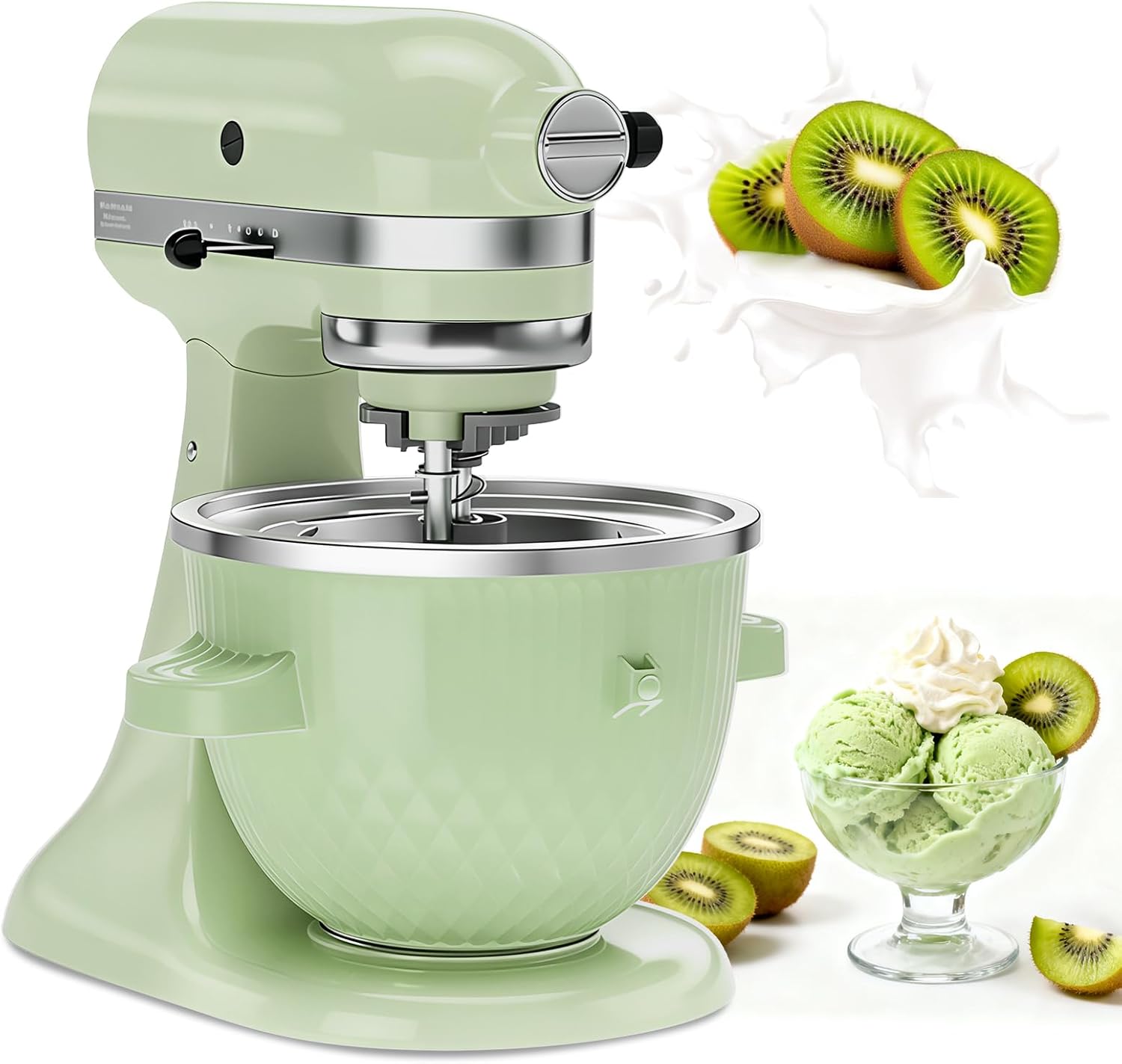 Ice Cream Maker Attachment for KitchenAid Stand Mixer, Ice Cream Bowl Fit for 4.5QT/ 5QT/ 6QT KitchenAid Stand Mixer, 2 Quart Sorbet Gelato Maker, Light Green