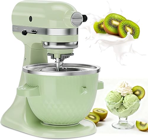 Ice Cream Maker Attachment for KitchenAid Stand Mixer, Ice Cream Bowl Fit for 4.5QT/ 5QT/ 6QT KitchenAid Stand Mixer, 2 Quart Sorbet Gelato Maker, Light Green