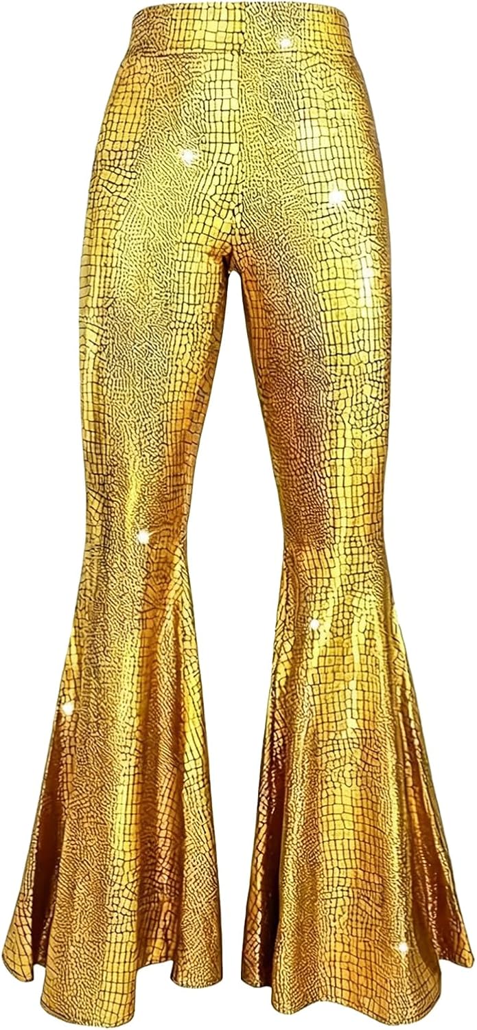 PTLYE 70s Women Disco Sequin Flare Pants Sparkly Bell Bottom Trousers