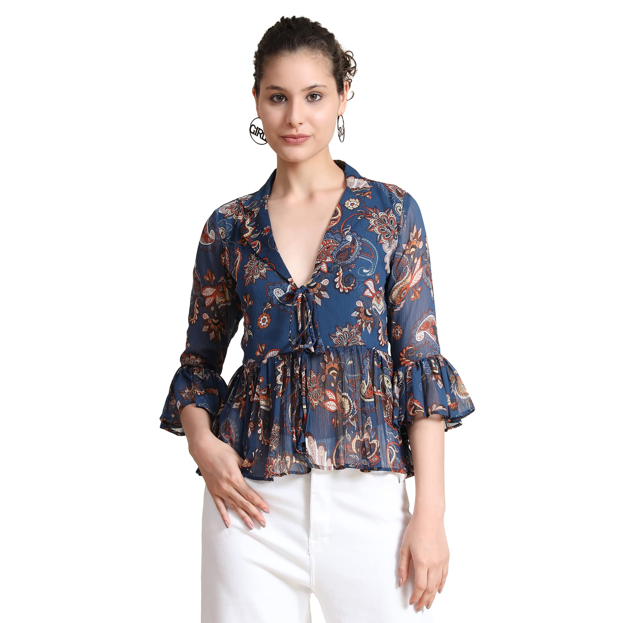 keri perry Women's Navy Blue Georgette Paisley Flared Western Top | Winter Top | Western Top | Top for Women | Latest Women Top | Trendy Women Top-picture-56