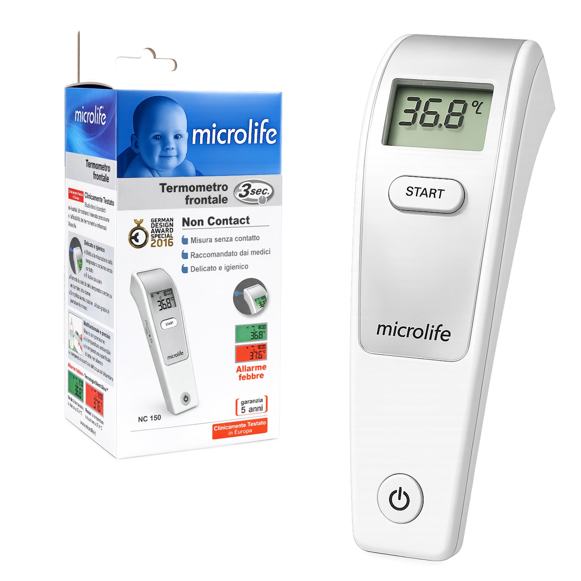 Termometro Frontale Infrarossi - Misurazione in 3 secondi | Termometro Infrarossi per Neonato Bambini Adulti | Senza Contatto | Allarme Febbre >37.5°C | Display LCD | Clinicamente Testato
