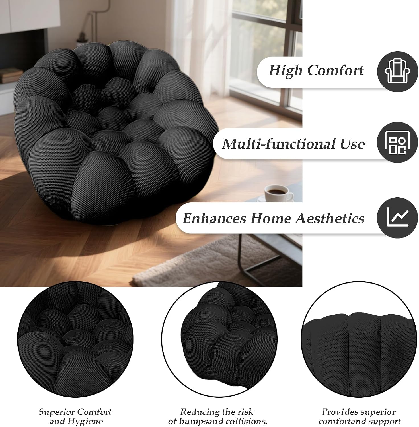 47.2'' Modern Floor Sofa | High-Resilience Compressible Foam Bubble Chair | 3D Honeycomb Mesh Curved Couch for Living Room, Office (Black)